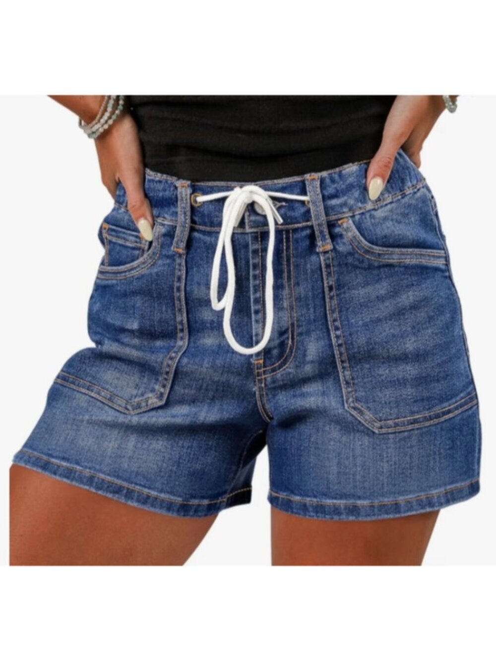 Sidefeel NEW Drawstring Stretch Denim Jean Shorts size 12 Patch Pocket High Rise